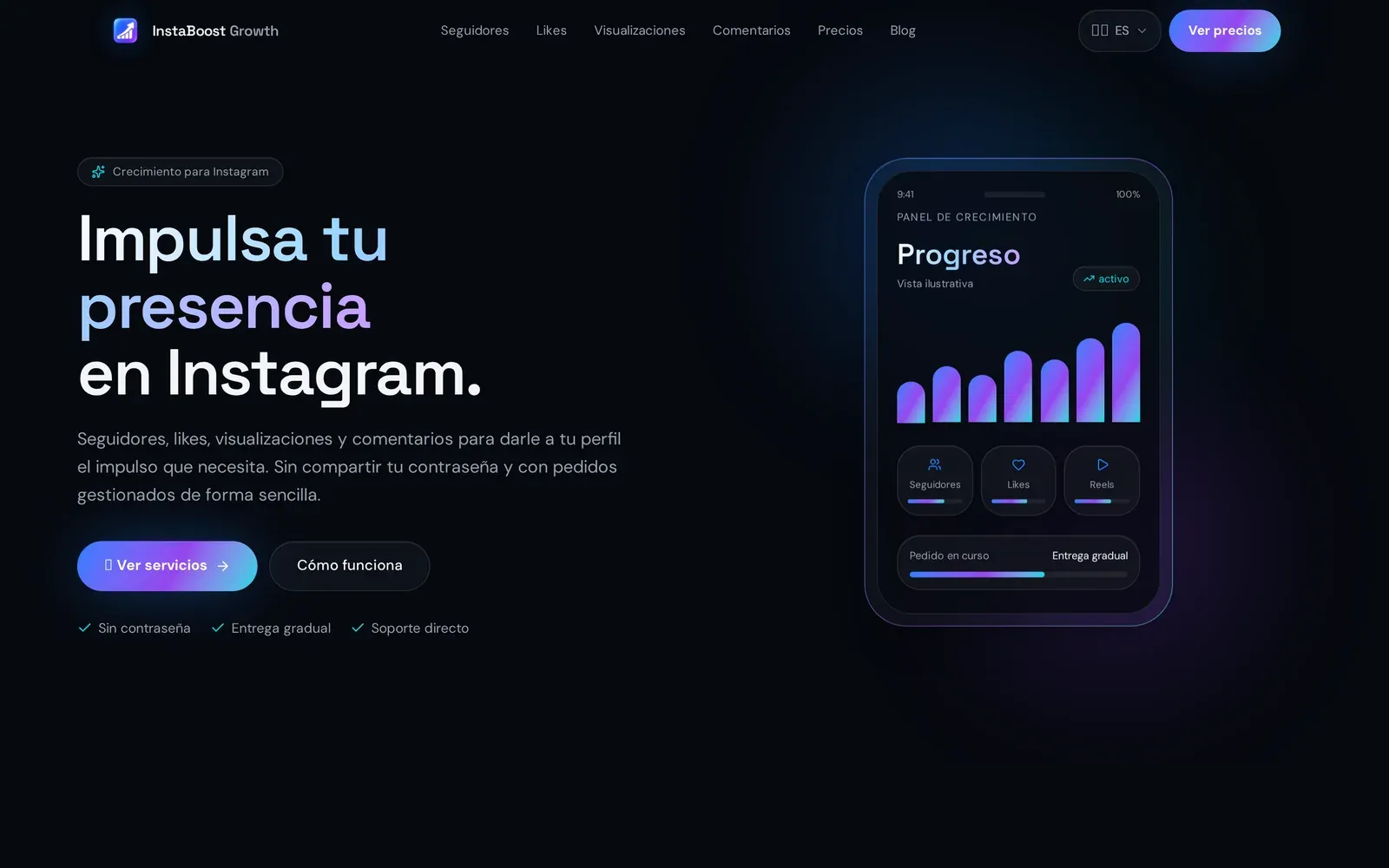 Web de InstaBoost Growth con interfaz oscura y un panel de crecimiento en un mockup de móvil