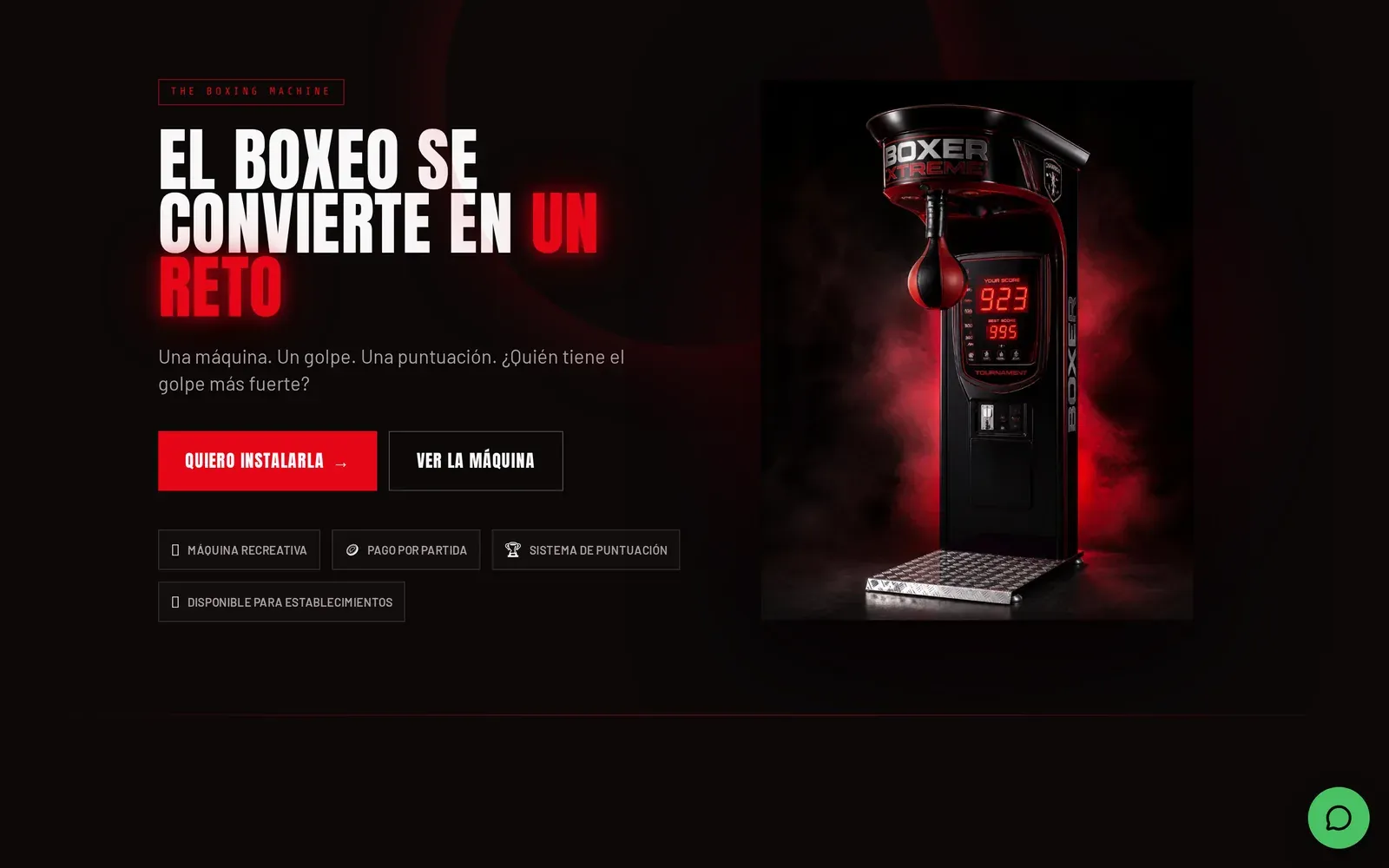 Landing page de Boxer Xtreme sobre fondo negro con la máquina de boxeo iluminada en rojo